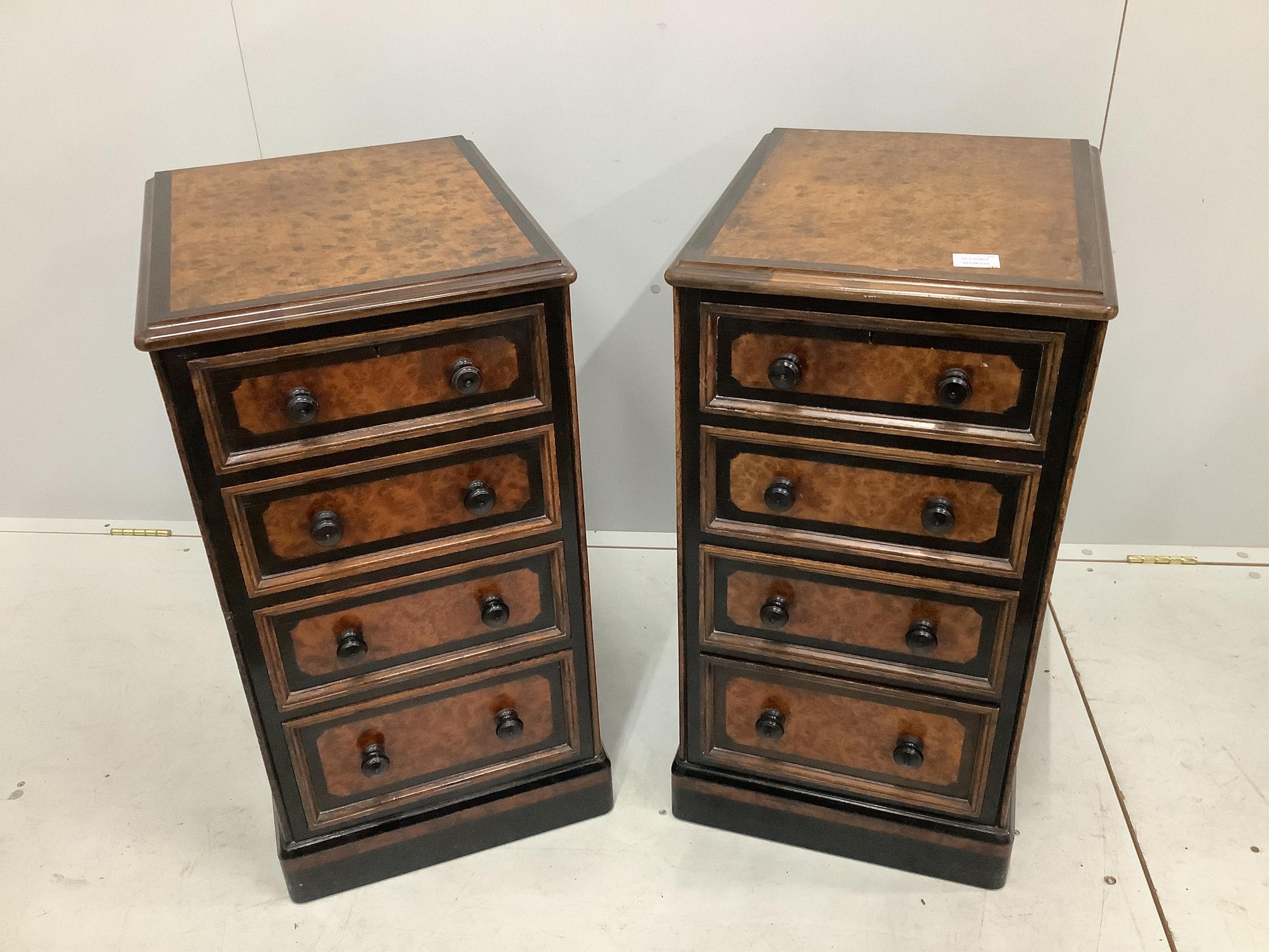A pair of Victorian bird's eye maple four drawer bedside chests, adapted, width 40cm, depth 48cm, height 75cm. Condition - fair